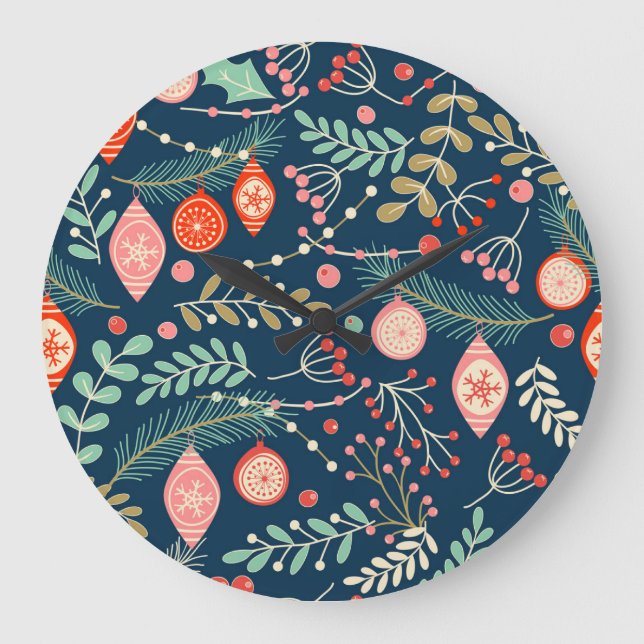 Vintage Weihnachts Hand gezogen Nahtlos Große Wanduhr (Vorderseite)