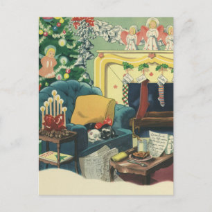 Vintage-Weihnachts-Haustiere im Wohnzimmer Feiertagspostkarte
