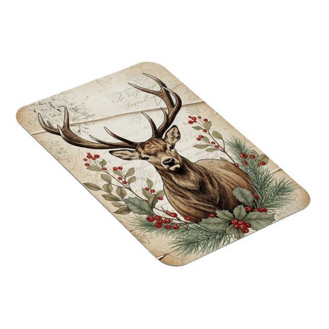 Vintage-Weihnachts-Hirsch-Decoupage-Kunst Magnet (Rechte Seite)
