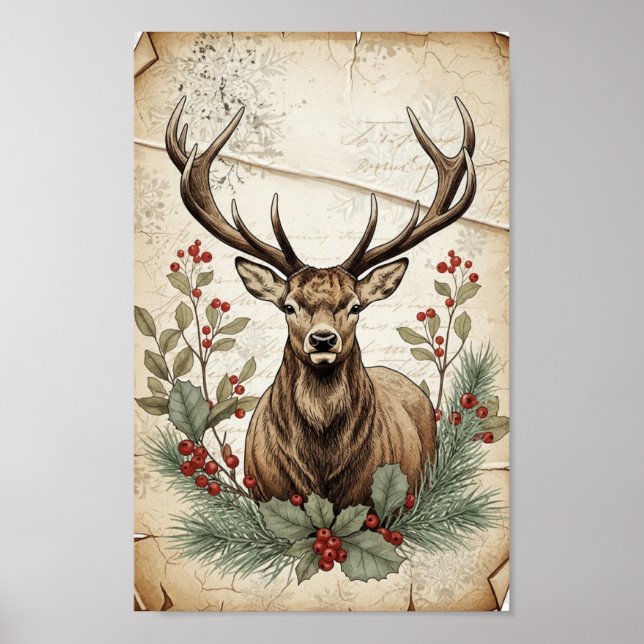 Vintage-Weihnachts-Hirsch-Decoupage-Kunst Poster (Vorne)