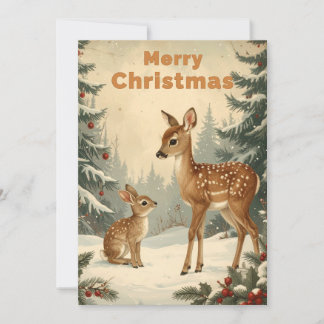 Vintage Weihnachts Hirsch und Kaninchen Feiertagskarte