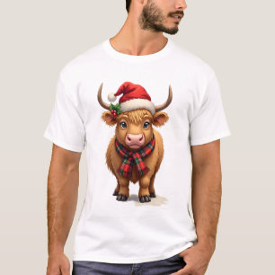 Vintage-Weihnachts-Hochlandkuh in Santa-Mütze und T-Shirt