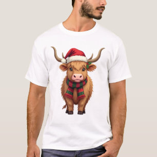 Vintage-Weihnachts-Hochlandkuh in Santa-Mütze und  T-Shirt