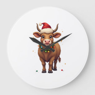 Vintage-Weihnachts-Hochlandkuh mit Weihnachtsmannm Große Wanduhr