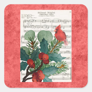 Vintage-Weihnachts-Kardinalsmusik Rot Quadratischer Aufkleber