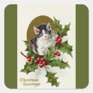 Vintage-Weihnachts-Kätzchen-grüner-Quadrat-Aufkleb Quadratischer Aufkleber
