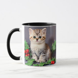 Vintage-Weihnachts-Kätzchen und Stechpalme Tasse