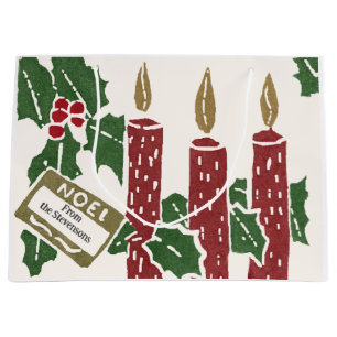 Vintage-Weihnachts-Linolschnitt-Druck Kerzen Große Geschenktüte