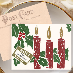Vintage-Weihnachts-Linolschnitt-Druck Kerzen Postk Postkarte