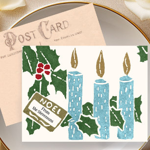 Vintage-Weihnachts-Linolschnitt-Druck Kerzen Postk Postkarte
