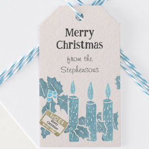 Vintage-Weihnachts-Linolschnittdruck Blaue Kerzen Geschenkanhänger