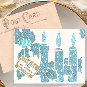 Vintage-Weihnachts-Linolschnittdruck Blaue Kerzen Postkarte