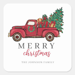 Vintage-Weihnachts-LKW-Aufkleber Quadratischer Aufkleber