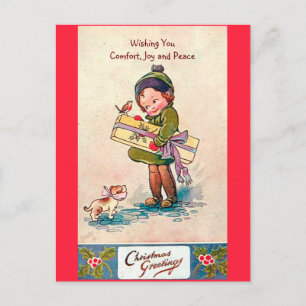 Vintage Weihnachts-Niedlich-Girl, Hund & Bird der Feiertagspostkarte