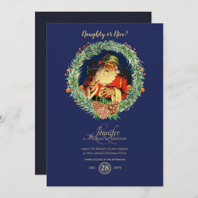 Vintage Weihnachts-Party Einladung Blau Rot (Vorne/Hinten)