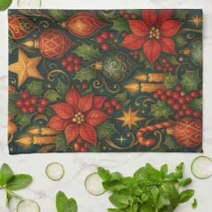 Vintage-Weihnachts-Poinsettie- und Stechpalmen-Orn Geschirrtuch