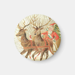 Vintage-Weihnachts-Postkarte, Santa mit Rentieren Magnet
