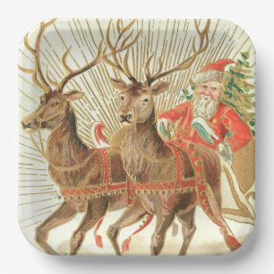 Vintage-Weihnachts-Postkarte, Santa mit Rentieren Pappteller
