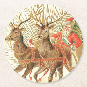Vintage-Weihnachts-Postkarte, Santa mit Rentieren Runder Pappuntersetzer