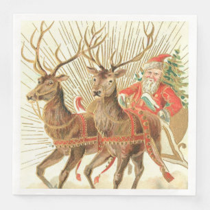 Vintage-Weihnachts-Postkarte, Santa mit Rentieren Serviette