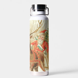 Vintage-Weihnachts-Postkarte, Santa mit Rentieren Trinkflasche