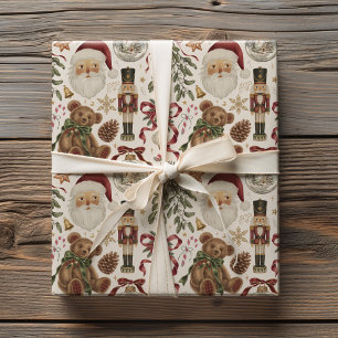 Vintage-Weihnachts-Santa-Nussknacker-Teddybär Geschenkpapier