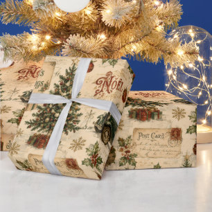 Vintage-Weihnachts-Santa- und Stechpalmen-Muster Geschenkpapier