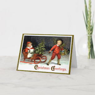 Vintage Weihnachts-Schlittenfahrt Feiertagskarte