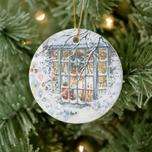 Vintage-Weihnachts-Schnee-Baum-Fenster-Haus-Kranz Keramik Ornament