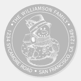 Vintage-Weihnachts-Schneemann Grau Rücksendeadress Runder Aufkleber