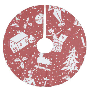 Vintage-Weihnachts-Spielzeugmuster auf retroem Rot Polyester Weihnachtsbaumdecke
