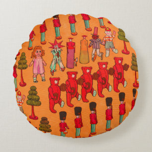 Vintage-Weihnachts-Spielzeugparade 1907 Puck-Magaz Rundes Kissen