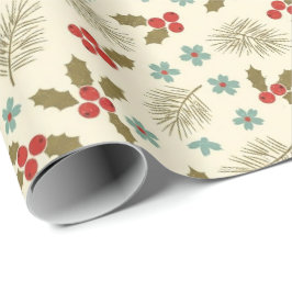 Vintage Weihnachts-Stechpalme- und Kiefern-Muster Geschenkpapier
