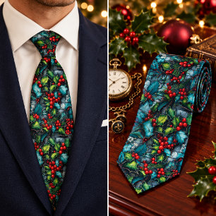 Vintage-Weihnachts-Stechpalmen-Beeren Dunkles Teal Krawatte