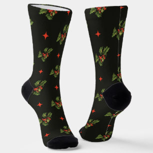 Vintage-Weihnachts-Stechpalmenblätter- und Sternen Socken
