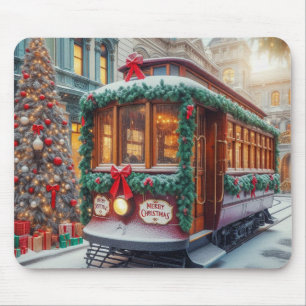 Vintage-Weihnachts-Straßenbahn im Schnee Mousepad