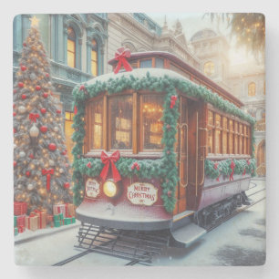 Vintage-Weihnachts-Straßenbahn im Schnee Steinuntersetzer