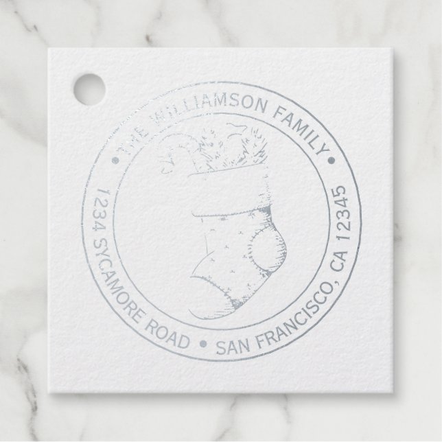 Vintage Weihnachts Strumpf Rücksendeadresse Silver Geschenkanhänger (Vorderseite)