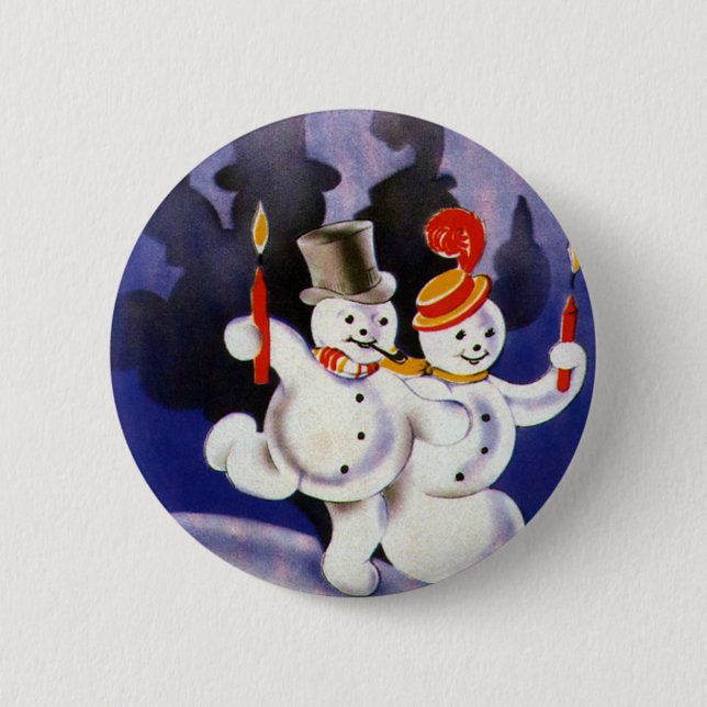 Vintage Weihnachts-Tanzschneemänner mit Kerzen Button (Vorderseite)