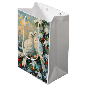 Vintage-Weihnachts-Tauben auf schneebedecktem Imme Mittlere Geschenktüte
