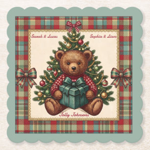 Vintage-Weihnachts-Teddybär-Karo-Familienname Untersetzer