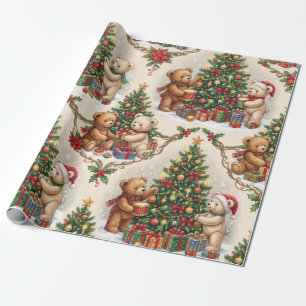 Vintage-Weihnachts-Teddybären schmücken den Baum Geschenkpapier