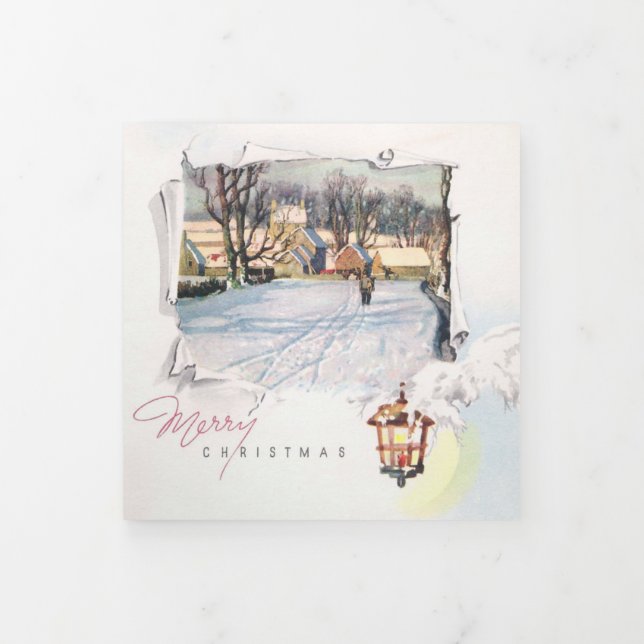 Vintage Weihnachts-Winterlandschaft Dreifach Gefaltete Urlaubskarte (Cover)