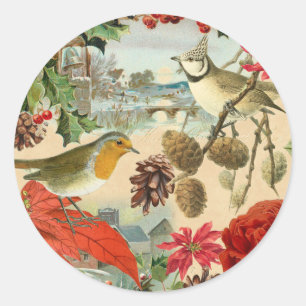Vintage-Weihnachtsaufkleber mit Vögeln und roten B Runder Aufkleber