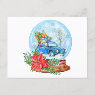 Vintage Weihnachtsauto, Poinsettia-Schneekugel Postkarte