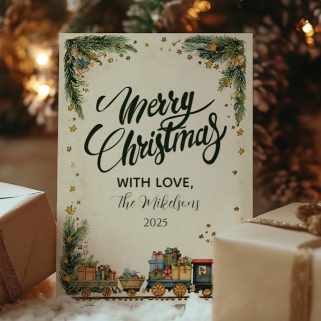 Vintage Weihnachtsbahn und Geschenke Feiertagskarte (Von Creator hochgeladen)