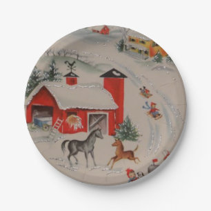 Vintage Weihnachtsbauernhof Feiertags-Partyplatte Pappteller