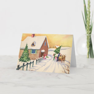 Vintage-Weihnachtsbaum auf einer schneebedeckten W Feiertagskarte