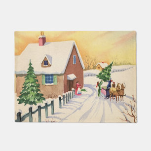 Vintage-Weihnachtsbaum auf einer schneebedeckten W Fußmatte