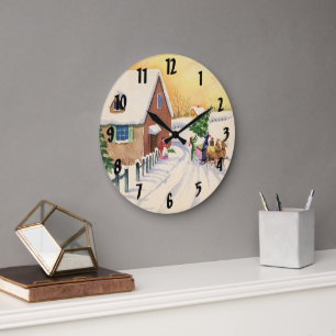 Vintage-Weihnachtsbaum auf einer schneebedeckten W Große Wanduhr